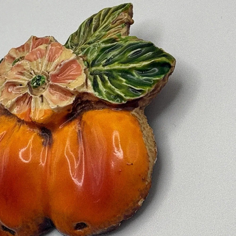 Vintage West Germany Brooch Peaches Fruit Hand Painted Orange Flowers READ